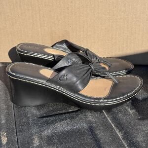 Born Shoes Womens Size 8 Black Leather Wedge‎ Sandals Slip On Bow Thong Comfort